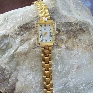Vintage Watch Gold Tone CZ Quartz Watch Roman Dial Rectangle Case Bracelet Style